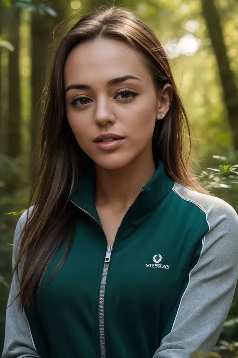 photo of S409_DominikaChybova,a stunning woman,in a (forest:1.1),wearing a (tracksuit:1.1),(sunset),(4k, RAW photo, best quality, 50mm, depth of field, ultra high res:1.1),(intricate, photorealistic, cinematic-shot, masterpiece, ultra-detailed:1.1),