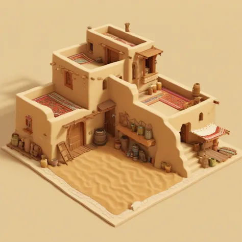 ((masterpiece, best quality)), high resolution, highly detailed, 32k picture, realistic,  IsometricDesert, village, no humans, window, scenery, stairs, door, carpet, barrel, rug, desert  <lora:IsometricDesertXL:0.8>,