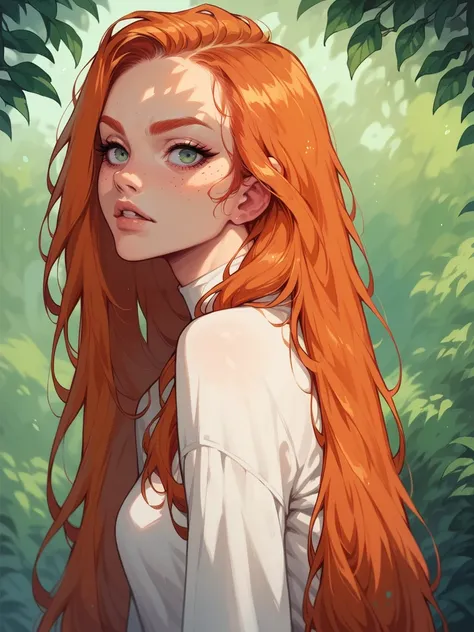 anime girl with long red hair and blue eyes in a forest