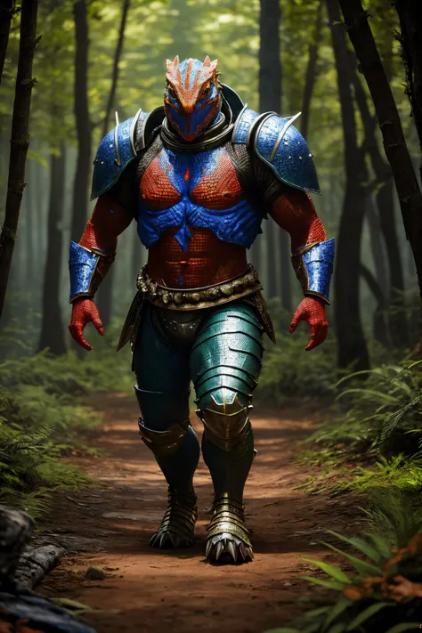 photorealistic Masterpiece, (Bipedal warrior lizard general in dented armor plate:1.2), Muscular body, (Walking inside forest with people), (Red and blue skin texture:1.2), 8k render in octane, Volumetric lighting, Volumetric shadows . highly detailed, lif...