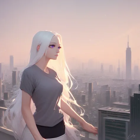 (((beautiful, high quality))), score_9, score_8_up, score_7_up, 1girl, white long hair, purple eyes, gray T-shirt, city background, detailed background