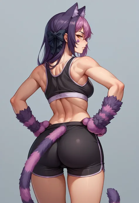 score_9, score_8_up, source_anime, 1girl, solo, CheshireMGE, two-tone hair, long hair, hair bow, cat paws, facial mark, striped tail, from behind, looking back, hands on hips, sports bra, black shorts, ass, <lora:ChamCheshireCatPonyXL-000004:1>