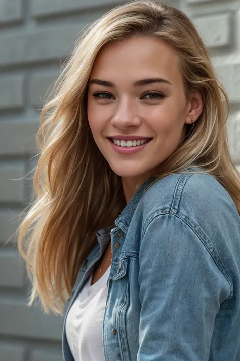 closeup headshot of S408_ValerieHuber,an attractive woman,in front of a (rhinestone-wall:1.1),wearing a (denim-jacket:1.1),(smiling),(4k, RAW photo, best quality, 50mm, depth of field, ultra high res:1.1),(intricate, photorealistic, cinematic-shot, masterp...