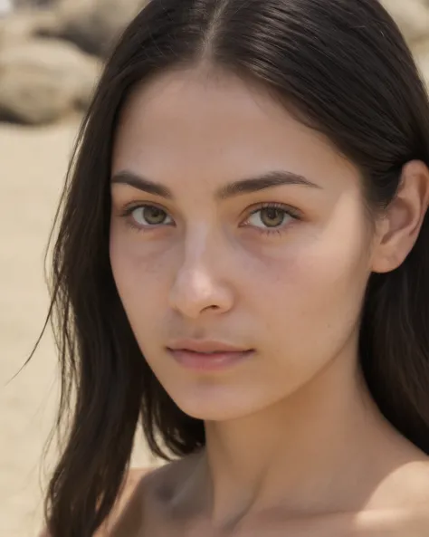 (close up:1.3) photo of (California:1.3) woman, long (black hair:1.3), (at the beach, sunny day:1.1), skinny, 18 years old, femininity, dappled light, no make-up, detailed face and eyes, very thin eyebrows, pale skin, natural skin texture, (highly detailed...