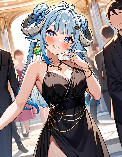 1girl, MinaiAruma, 
blush, highly detailed eyes, big smile, doyagao, 
black dress, formal, (evening gown:1.2), hair ornament, (gold (jewelry, necklace:0.8)), ((green:1.5),crystal earrings:0.9), (side slit:0.6), 
public, (surrounded by people:0.8), looking ...