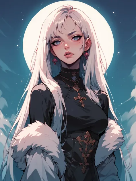 anime girl with white hair and blue eyes standing in front of a full moon