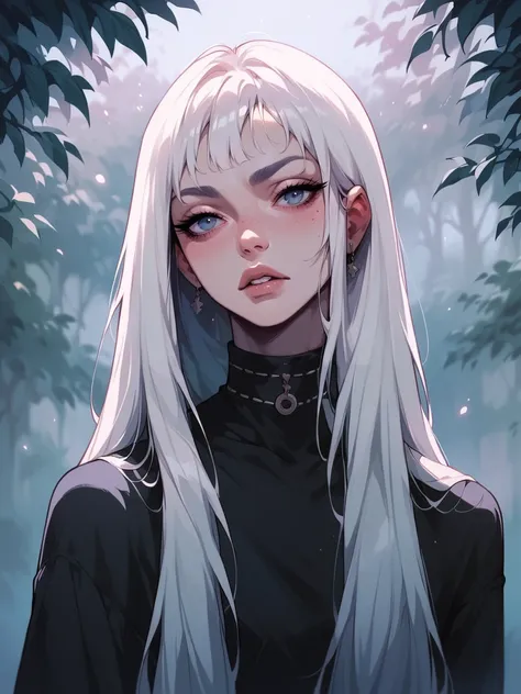 anime girl with long white hair and blue eyes in a forest