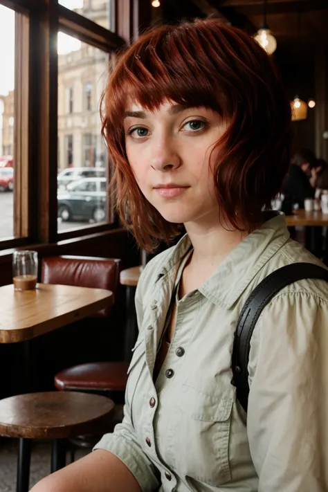 <lora:Aiko:0.8>, full color portrait of a young woman, having coffee at a vintage cafe, redhead, soft smile, natural light, RAW photo, subject, 8k uhd, dslr, soft lighting, high quality, film grain, Fujifilm XT3