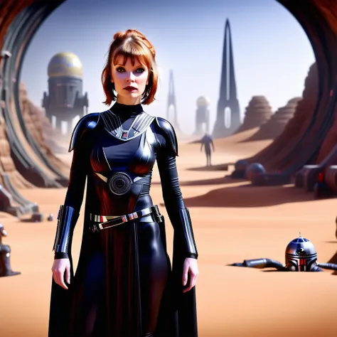 Gail Norwood in a sci-fi film of Star Wars Sith training, hyper detailed, planet desert background