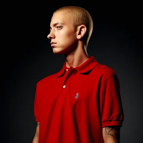 1boy, photograph, Y2_EM, close-up, red polo shirt, side profile, studio lighting