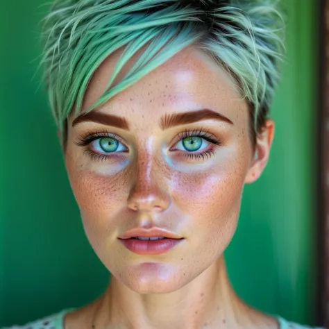 beautiful light white lady,  (freckles),  , blue hazel eyes, Short hair, green color hair, dark makeup, hyperdetailed photography, soft light  acne on her face,