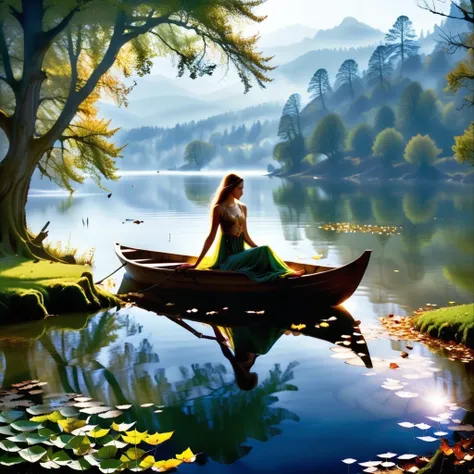 boat, 1girl, lake, leaf, no humans, tree, wheel