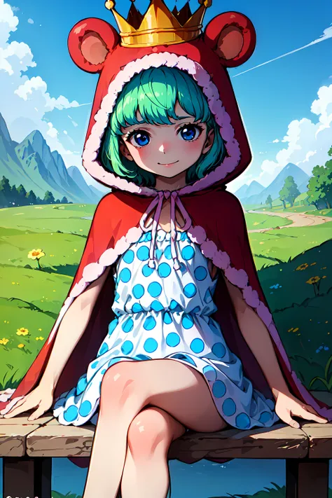 masterpiece, best quality,OPSugar, 1girl, solo,polka dot dress,short dress,crown,green hair,(capelet),sit,crossed legs,smirk,young girl,red animal hood,hood up,blue eyes,flat chest,short hair,pose,outdoors,scenery,sleeveless dress,beautiful scenery,<lora:S...