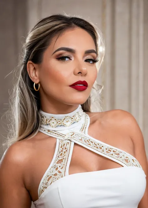 glamorous photo of a captivating masterpiece of an woman in a (white neckholder dress with turtleneck and cleavage made of silk), earrings, half body, The intricate lace and gold details exude a very rebellious aura. ((The use of high-shine gloss adds a to...