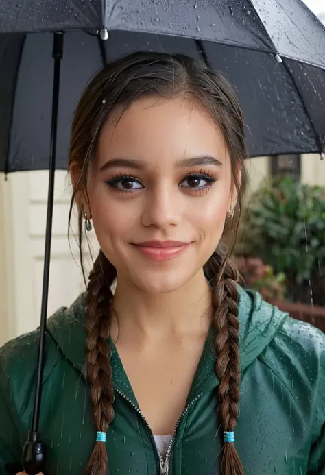 	Jenna, wearing hoodie, rain, umbrella, smile, eyeliner, makeup, twin braids, upper body, 8k, ultra detailed face, ultra realistic