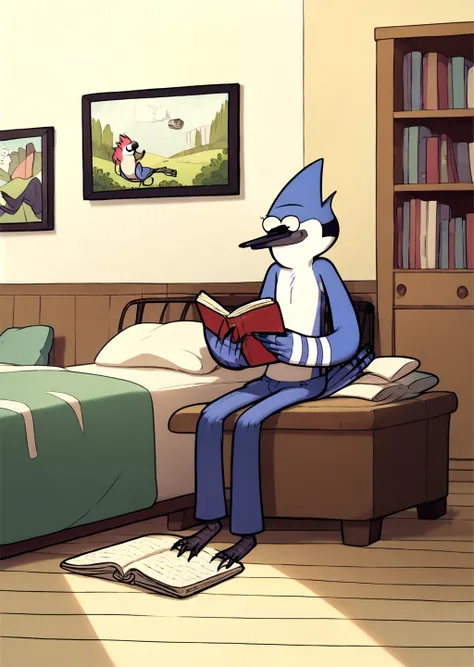 score_9, score_8_up, score_7_up, score_6_up,   <lora:Regular_Show_Style:0.8>, regularshow, 1boy, Mordecai, bedroom, sitting, detailed background, smile, humanoid, glasses, reading, tail, bird,