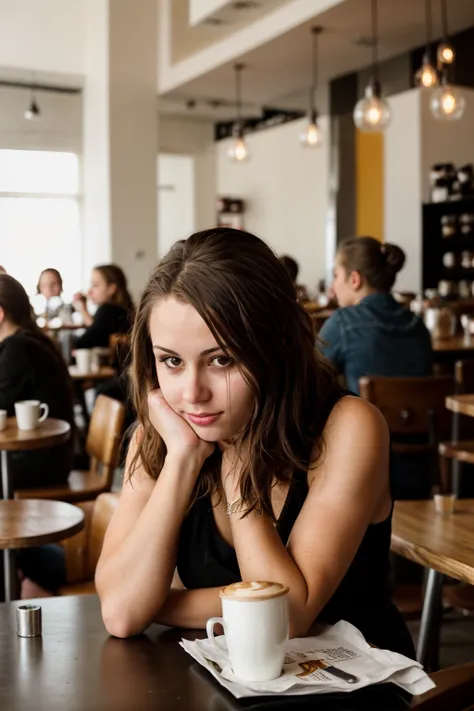 <lora:Dayanna:0.8>, full color portrait of a young woman, having a coffee at a vintage cafe, natural light, RAW photo, subject, 8k uhd, dslr, soft lighting, high quality, film grain, Fujifilm XT3