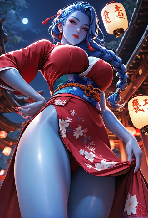 1girl, solo, long hair, breasts, looking at viewer, large breasts, dress, blue hair, standing, braid, thighs, japanese clothes, kimono, nail polish, lips, sash, night, colored skin, looking down, short dress, floral print, from below, red dress, red nails,...