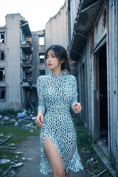 (8k, RAW photo, best quality, masterpiece:1.2,),Realistic,best quality,masterpiece,8K,HDR,RAW,1girl,seductive expression,charming,solo,(model:1.2),(standing),(solo),(Ruins, run-down buildings, abandoned buildings,),large breasts,front view,Looking at the a...