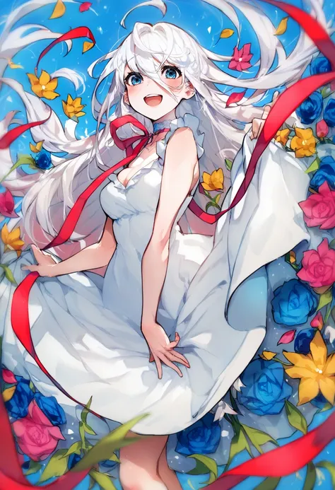 score_9, score_8_up, score_7_up, score_6_up, <lora:MikaPikaZoXL_P6_lokr_V42310:0.95> 1girl, dress, solo, breasts, blue eyes, white dress, long hair, flower, open mouth, blue flower, white hair, smile, looking at viewer, cleavage, ribbon, red ribbon, signat...