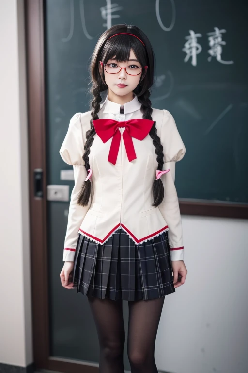 ltra-detailed,highly detailed,best quality,masterpiece,illustration,realistic,photorealistic,
akemi, akemi homura, magical girl, 
1girl, solo, cosplay, 
mitakihara school uniform, plaid skirt, pleated skirt, pantyhose, loafers, 
red-framed eyewear, glasses...