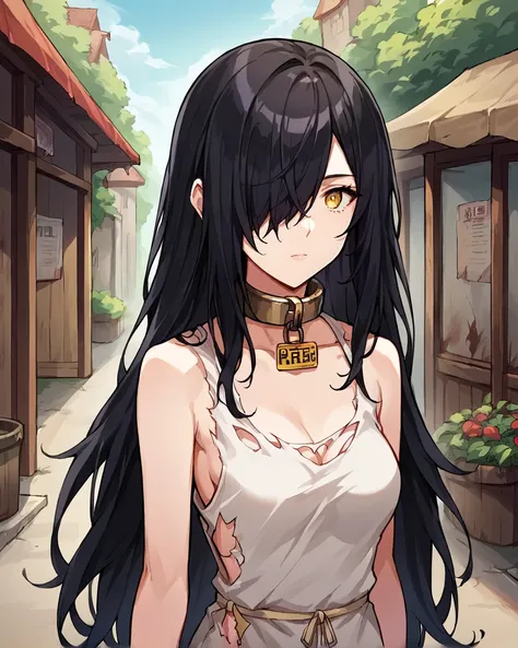 1girl, solo, black hair, long hair, hair over one eye, yellow eyes, medium breasts, white clothing, one-piece rags, torn clothing, slave collar, price tag, expressionless, outside, marketplace, <lora:Rags__Slave_clothing_Lora_Pony-000006:1>,, , score_9, sc...