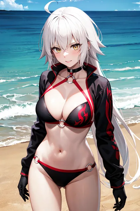 masterpiece, best quality, highres, ddjda, long hair, white hair, ahoge, collarbone, choker, black bikini, o-ring, shrug (clothing), black gloves, <lora:jeanne_darc_alter_(fate)_v1:0.7>, beach, standing, cowboy shot,