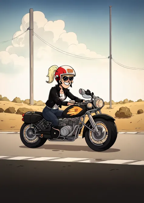 score_9, score_8_up, score_7_up, score_6_up,   <lora:Regular_Show_Style:0.7>, regularshow, 1girl, motorcycle, helmet, detailed background, parking lot, sunglasses, grin, makeup, blond hair,