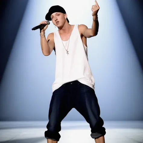 1boy, photograph, Y2_EM, full body, baggy jeans and white tank top, concert, studio lighting, engaging expression arms up with microphone in hand, black baseball cap worn backwards