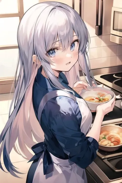 (masterpiece),rinka mizuki, grey hair, blue eyes, 1girl, solo, low-tied long hair, apron, looking at viewer, hair ornament, kitchen, indoors, food, stove, shirt