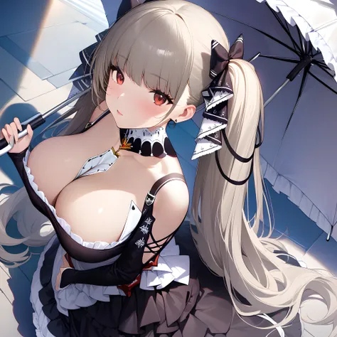 (masterpiece),(best quality),(ultra-detailed),(best illustration),(best shadow),(absurdres),(detailed background),(very aesthetic), formidable, 1girl, breasts, solo, cleavage, long hair, dress, twintails, frilled dress, umbrella, looking at viewer, red eye...