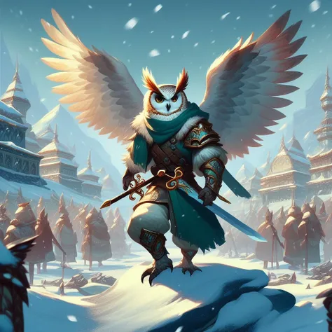 score_9, score_8_up, score_7_up, Owlkin, sword warrior, background snowy, smooth anime