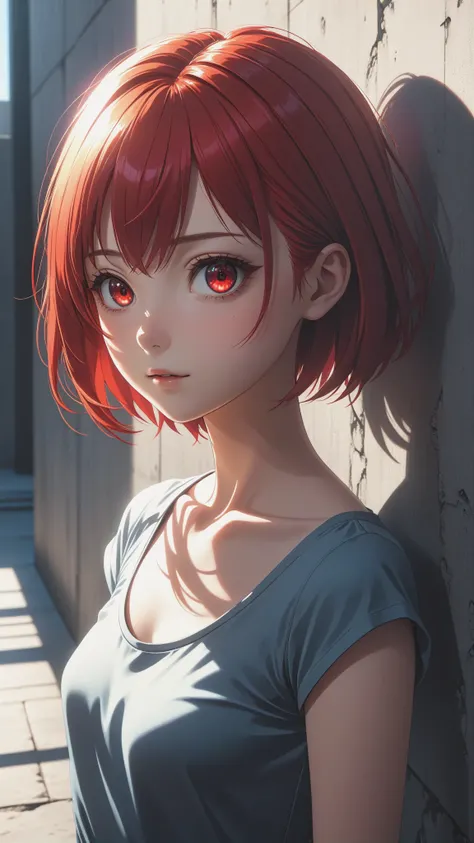 1 beautiful girl, details red eyes, short red hair, cool pose, concrete wall, slim body, small breasts, rays of sunshine, photorealisim, cinematic, (masterpiece:1.2), (best quality:1.2), newest, ai-generated, ultra-detailed, best shadow, detailed backgroun...