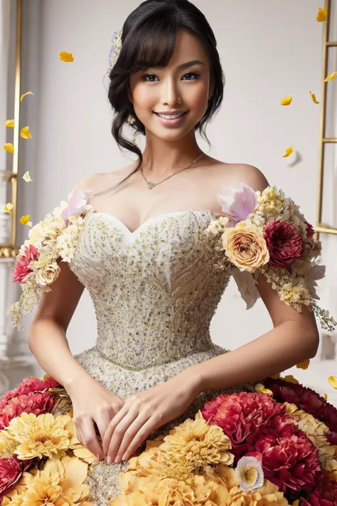 ((Masterpiece, best quality, edgQuality)),smile,medium breasts,
asian edgSpo_woman,edgSpo_face,edgSpo_body,blunt bangs,<lora:edgSingaporeanDollLikenessv1:1>
ballgown, edgPetal, a woman wearing a ballgown made of flower petals ,wearing edgPetal
 <lora:edgFl...