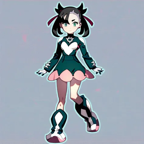 score_9, score_8_up, score_7_up, score_6_up, score_5_up, score_4_up, ultraguardians, marnie_(pokemon), pokemon, 1girl, black_hair, green_eyes, solo, black bodysuit, white gloves, white footwear, black footwear, knee boots, standing, full body