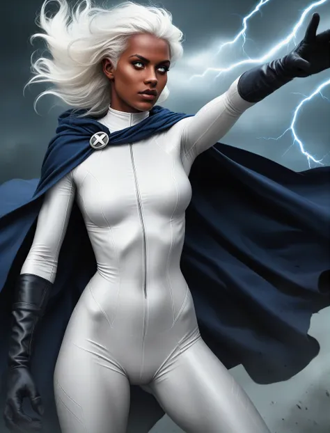 score_9, score_8_up, score_7_up, rating_safe, storm \(x-men\), woman with white hair, dark skin, tight white bodysuit, cape, bla...