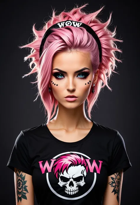 photograph of a beautiful punk woman, "WoW" t-shirt logo with skull design, pink hair, nerdy,