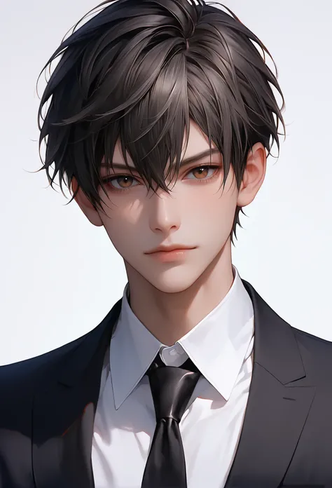 score_9, score_8_up, score_7_up, solo, looking at viewer, short hair, bangs, simple background, shirt, black hair, 1boy, white background, hair between eyes, brown eyes, closed mouth, jacket, white shirt, upper body, male focus, necktie, collared shirt, ar...