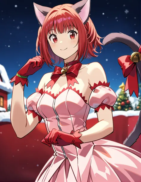 1girl, solo,  <lora:sdxl-lyco-mew_ichigo-remake-animagine_xl_3_1-v1:1>, mew_ichigo_remake, tail bow, gloves, cat tail, red gloves, tail bell, choker, detached sleeves,pink dress, strapless, relaxed posture, elbows extended, standing,  ,,smile, best quality...