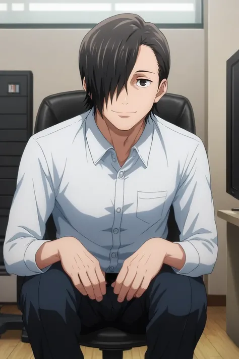 score_9, score_8_up, score_7_up, source_anime, rating_safe, , (photorealistic:0.6), looking at viewer, , 1boy, solo, male focus, <lora:junpei_yoshino_pony:0.76>, junpei_yoshino, black hair, black eyes, short hair, hair over one eye, focused, office, comput...