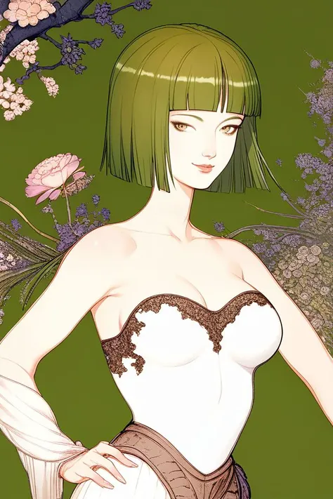 score_7_up, 1girl, smile, hands_on_hip, dark_green hair, hair_over_eyes, hime_cut, beige eyes, medium breasts, beautiful background <lora:Amano_Yoshitaka_PonyXL_style_v01.10.01:1>