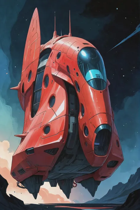 anime style watercolor, sharp outlines, A futuristic, maneuverable, red deep-space exploration vessel <lora:EnvyStarlightAnime06:1>