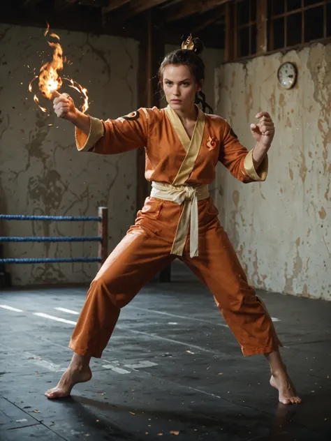 1girl, Fire bender, sexy outfit, flames, sparks, dynamic, powerful, elemental, magic, intense, gaze, martial arts stance, energetic, mystical, sparks, swirling, orange, red, fierce, background, realistic, score_9, score_8_up, score_7_up, score_6_up