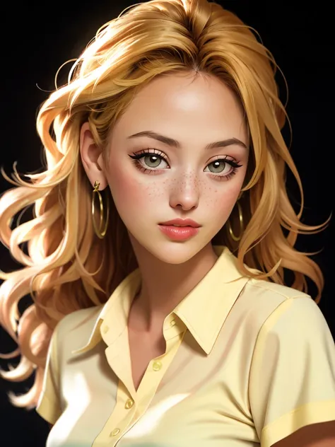 Realistic photo of a beautiful v1rg1n14m woman,1girl, solo, long hair, looking at viewer, blonde hair, shirt, brown eyes, jewelry, earrings, parted lips, lips, eyelashes, black background, portrait, freckles, yellow shirt, realistic, soft lighting, profess...