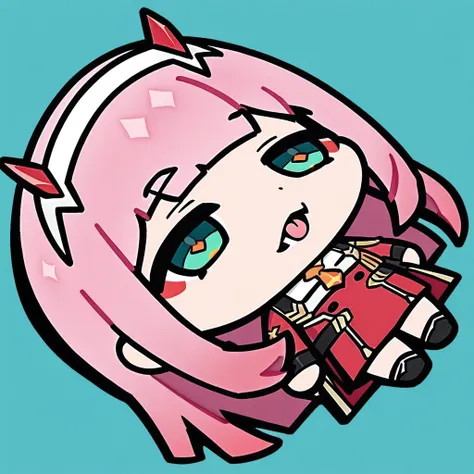 lying-on-back, chibi,(masterpiece),(best quality),1girl, aqua_background, aqua_eyes, blue_background, buttons, double-breasted, fangs, green_eyes, hairband, horns, long_hair, looking_at_viewer, military, military_uniform, necktie, pink_hair, sky, solo, ton...