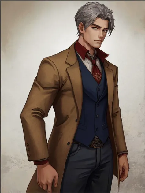 solo, 1boy, grey hair, cowboy shot, ornate waistcoat
 <lora:vempire:1>, best quality, highres