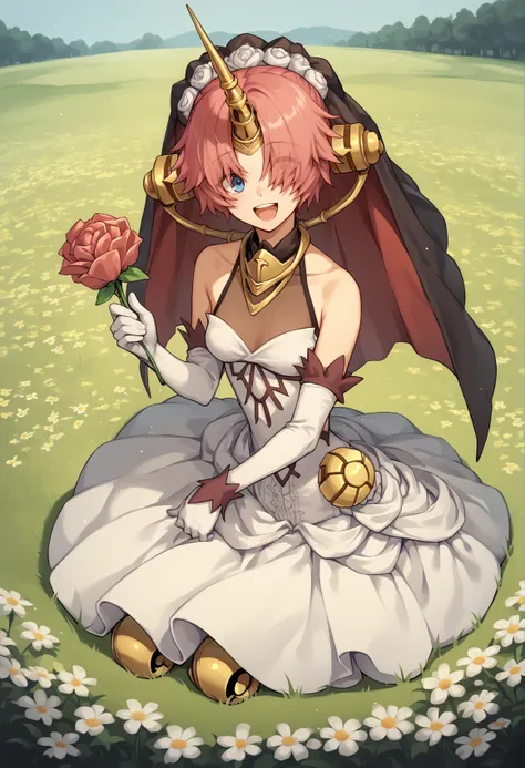 pink hair, hair bun, double bun, heterochromia, blue eyes, yellow eyes, hair over eyes, single horn, mechanical horn, hair ornament, see-through cleavage, white dress, elbow gloves, veil, mechanical legs, sitting, outfoors, holding flower, flower field, sm...