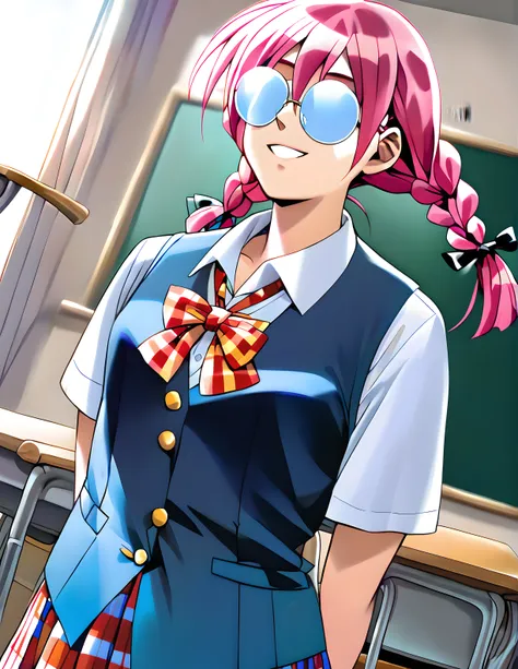 <lora:pony_xl_minori>,minori,score_9,score_8_up,score_7_up,source_anime,1girl,school uniform,blue vest,collared_shirt,bow,pleated skirt,plaid skirt,short hair,twin braids,no eyes,opaque_glasses,round eyewear,thick glasses of lenses,smile,classroom,cowboy_s...