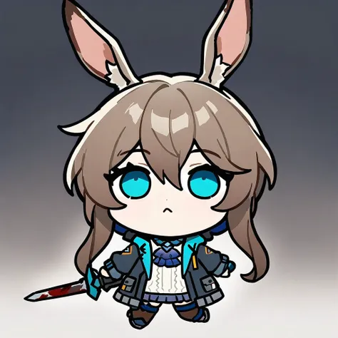 style-parody,chibi,full_body,(masterpiece),(best quality),1girl, animal ears, amiya (arknights), solo, blue eyes, rabbit ears, long hair, holding, looking at viewer, blood, weapon, blue ascot, upper body, holding weapon, brown hair, ascot, hair between eye...