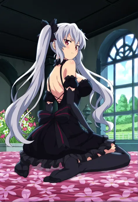 score_9, score_8_up, score_7_up, BREAK source_anime, 1girl, long hair, thighhighs, breasts, solo, very long hair, ass, gloves, twintails, elbow gloves, large breasts, looking at viewer, black thighhighs, grey hair, flower, sitting, red eyes, black gloves, ...